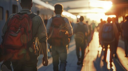 Sunset Commute, Backlit figures of commuters walking in a busy terminal at sunset, creating an atmosphere of daily urban life and travel - obrazy, fototapety, plakaty