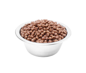 dry food for dogs of small breeds in a metal bowl