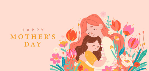 Happy mother day 2024, greeting card.Horizontal banner with mom and daugter hugs among flowers in pastel colors.Template for your design. Cute little girl greeting her mother.Vector illustration.