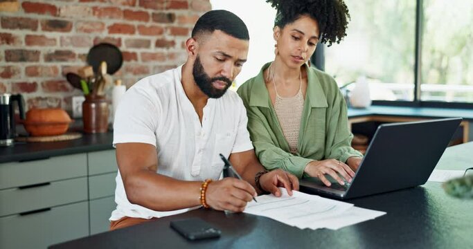 Couple, paper and laptop by desk with brainstorming for loan application, budgeting or planning expenses together. Man, woman and technology in home with bills, invoice or financial documents