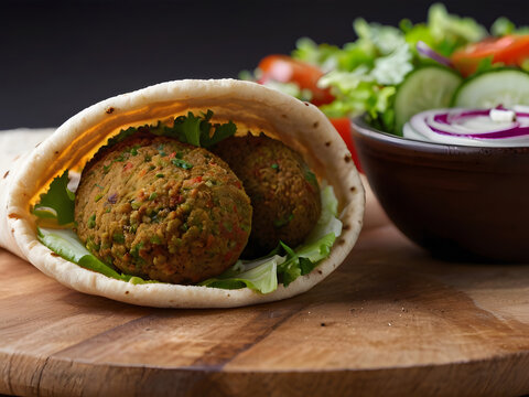 Falafel and fresh vegetables in pita bread on wooden table