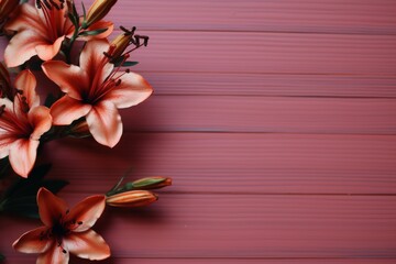 Aesthetic minimalistic background with delicate flower on the right side, viewed from above