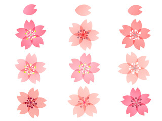 ワンポイントにもデザインにも使えるカラフルな9種のバリエーションの桜のイラスト
