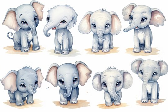 Printable baby elephant animal sticker clipart cartoon Illustration set, 3d render