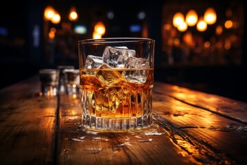 Capturing composition of whiskey glass ensures visibility of ice cubes for stock photography