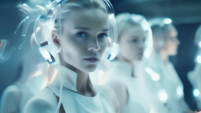 Beautiful cyborg girl on a technological background. Futuristic robot woman. Technology, robotics, artificial intelligence and future concept.