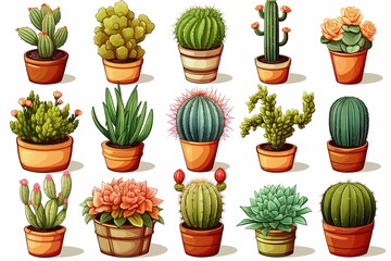 Fototapeta na wymiar Cactus with pots sticker and cartoon clipart set illustration isolated on a white background