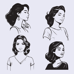 A Set of Conceptual Ink Drawing Illustrations of  Woman Face Sketch