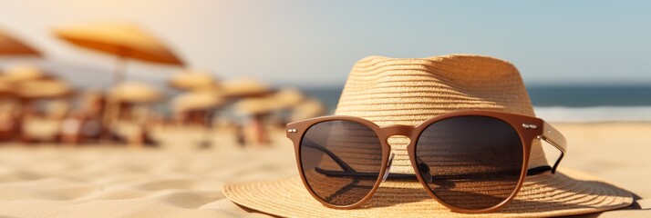 Tranquil beach scene with a stylish straw hat, trendy sunglasses, and sandy shore ambiance