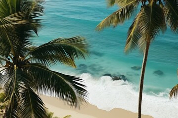 Scenic view of a tropical palm tree branch on a beautiful sandy beach coast