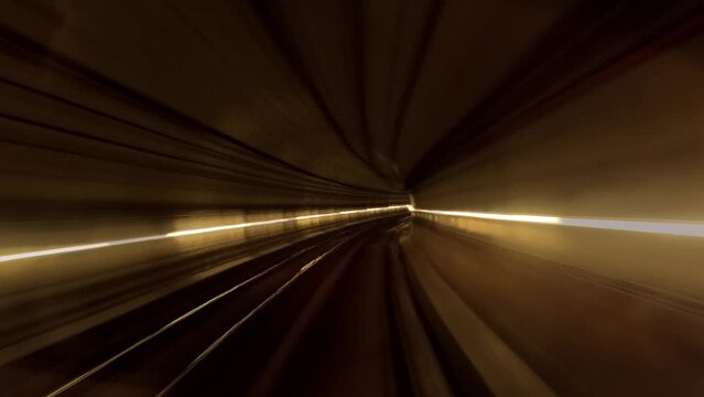 Hyperlapse, POV view of train riding in the subway tunnel. Time lapse of automatic train moving to tunne
