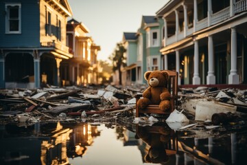 Lonely plush toy sitting against the devastating backdrop of destroyed buildings - obrazy, fototapety, plakaty
