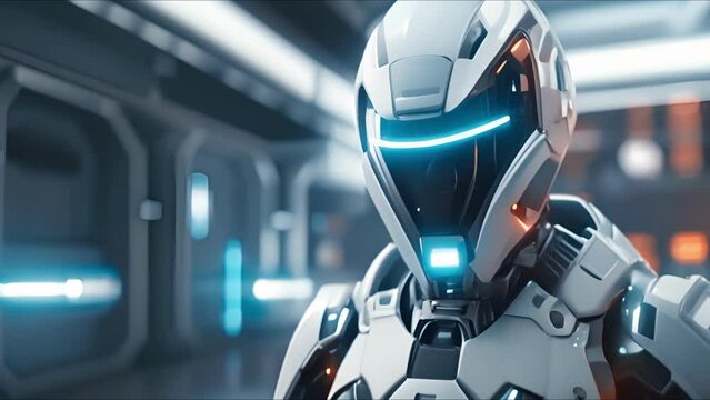 Combat robot in military metal armor. Futuristic cyborg security guard. Technology, robotics, artificial intelligence and future concept.