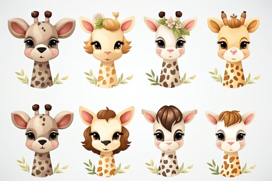Printable watercolor cute giraffe safari animal sticker clipart cartoon Illustration set on white background