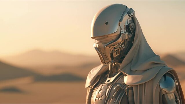 Combat robot in military metal armor. Futuristic cyborg security guard. Concept of technology, robotics, artificial intelligence and future.