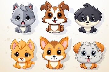 Printable cute pets animal doodle sticker clipart cartoon Illustration set