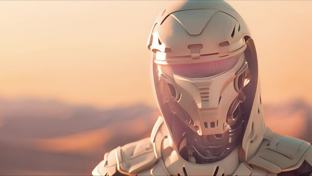 Combat robot in military metal armor. Futuristic cyborg security guard. Concept of technology, robotics, artificial intelligence and future.