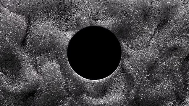 Black hole on turbulent particle background made from white spheres, small orbs move like a fluid with dark matter in the center. Abstract 3D background.