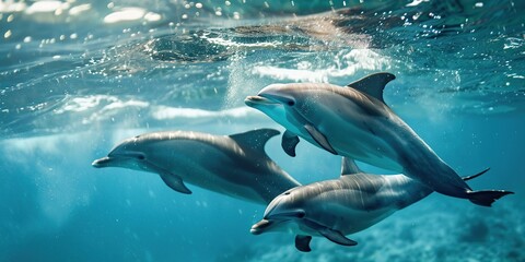 Fototapeta premium Three marine dolphins with blue fins swim in the liquid ocean together