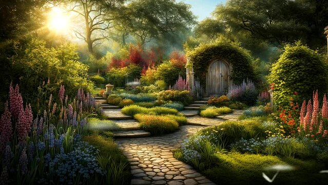 Beautiful fantasy garden view with soft sunlight. Watercolor style Heavenly Garden illustration. Seamless looping video animation virtual background.