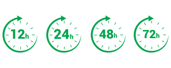 12, 24, 48, 72 hours clock arrow. symbol work time, delivery and service time, isolated green on white , Vector illustrationeps10