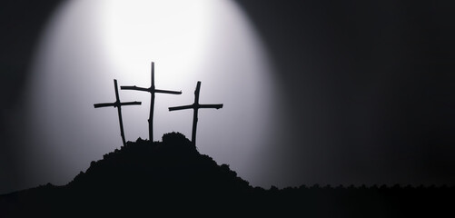 Jesus Christ cross religion symbol. Church Cross on a hill top in Silhouette. Black and white cross...