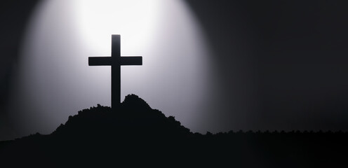 Jesus Christ cross religion symbol. Church Cross on a hill top in Silhouette. Black and white cross symbol for christian, resurrection and Jesus Christ. - obrazy, fototapety, plakaty