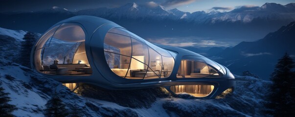 Luxury and modern tourist shelter, cottage in the mountains at night, banner. Generative Ai. - obrazy, fototapety, plakaty