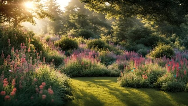 Beautiful fantasy garden view with soft sunlight. Watercolor style Heavenly Garden illustration. Seamless looping video animation virtual background.