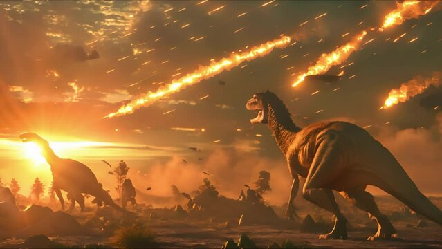AI-generated dinosaurs in a prehistoric landscape. Global Earth disaster. Perfect for educational materials, scientific publications, and digital art. The concept of dinosaur extinction.