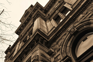 The image showcases a corner perspective of a sepia-toned historic building, highlighting its detailed stone facade and ornate architectural elements against a backdrop of bare tree branches. - Powered by Adobe