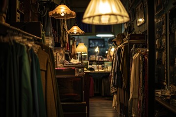 Naklejka premium Warmly lit, inviting thrift shop interior featuring a collection of vintage clothing, eclectic decor, and antique furniture..