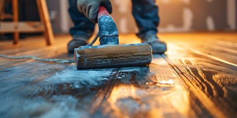 Renovation project: Workers sand and refinish hardwood floors. Concept Home Improvement, Hardwood Floors, Renovation, Sanding, Refinishing