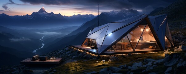 Luxury and modern tourist shelter, cottage in the mountains at night, banner. Generative Ai.