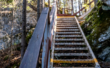A staircase with a railing leading to a mountain in the forest.
