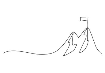 Flag on the top of the mountain one line drawing vector illustration.
