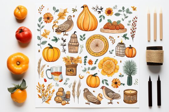 Printable thanksgiving autumn sticker clipart Illustration set on white background