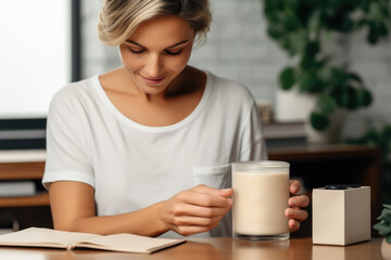 Young woman holding hand made candle. Small business concept