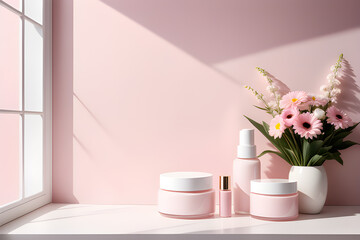 White podiums for the presentation of creams in round jars and tubes under the shadow of flowers in a vase on a light pink background. Playground AI platform