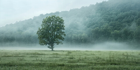 Solitary Tree in Misty Grass Field on Foggy Day Serene Nature Landscape with Lone Tree Standing Strong