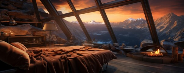 Luxury interior of  tourist shelter, cottage in the mountains with sunset light, banner. Generative Ai. - obrazy, fototapety, plakaty