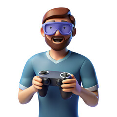 Virtual reality Man Gamer hands holding gaming console controller. joyful man in 3d glasses.