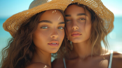 Portrait of beautiful young girls in straw hats smiling on the beach.