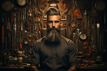Portrait of barber on the background of various barber tools.