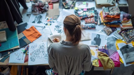  fashion designer meticulously selects textiles amidst a vibrant array of fabric swatches and sketches, a snapshot of the creative process in fashion design - obrazy, fototapety, plakaty