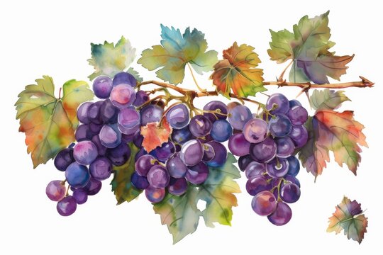 watercolor grape beautiful fruit with leaves,white background