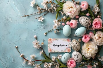 A festive spring equinox flat lay featuring pastel eggs, a variety of fresh flowers, and a card celebrating the seasonal event. - obrazy, fototapety, plakaty
