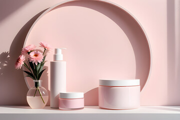 White podiums for the presentation of creams in round jars and tubes under the shadow of flowers in a vase on a light pink background. Playground AI platform