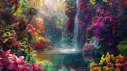 Fototapeta na wymiar Lush waterfall oasis in vivid floral jungle - A hidden waterfall in a vibrant, tropical jungle paradise bursting with lush, colorful flora