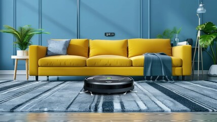 Yellow sofa in modern interior with robot vac - Spacious room with bright yellow couch and black robot vacuum cleaner, showing modern living